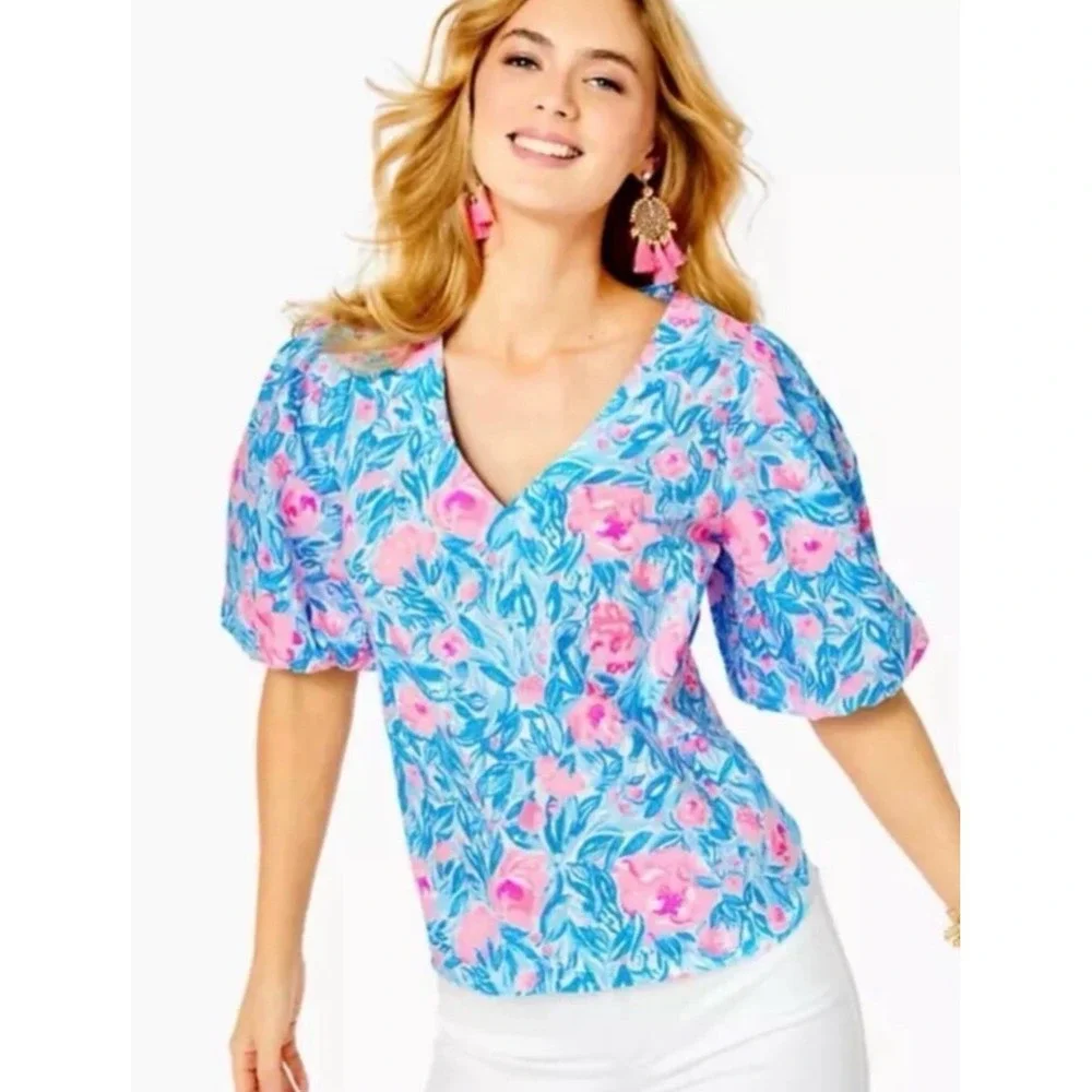 Lilly Pulitzer Ivee Top XS Bondi Blue Pink My Little Peony New‎ Floral V-Neck
